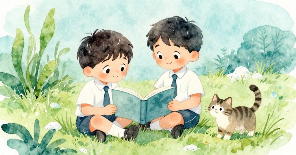 在微雨中，Sam與同學在戶外草坪靜坐閱讀，小貓嬉戲相伴，自然景致清新宜人，充滿寧靜美感。