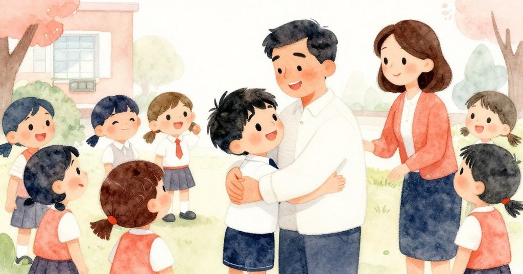 校園角落，Sam與父親溫柔相擁，同學與老師齊聲歡呼，現場氣氛溫馨喜悅滿溢，令人感動。