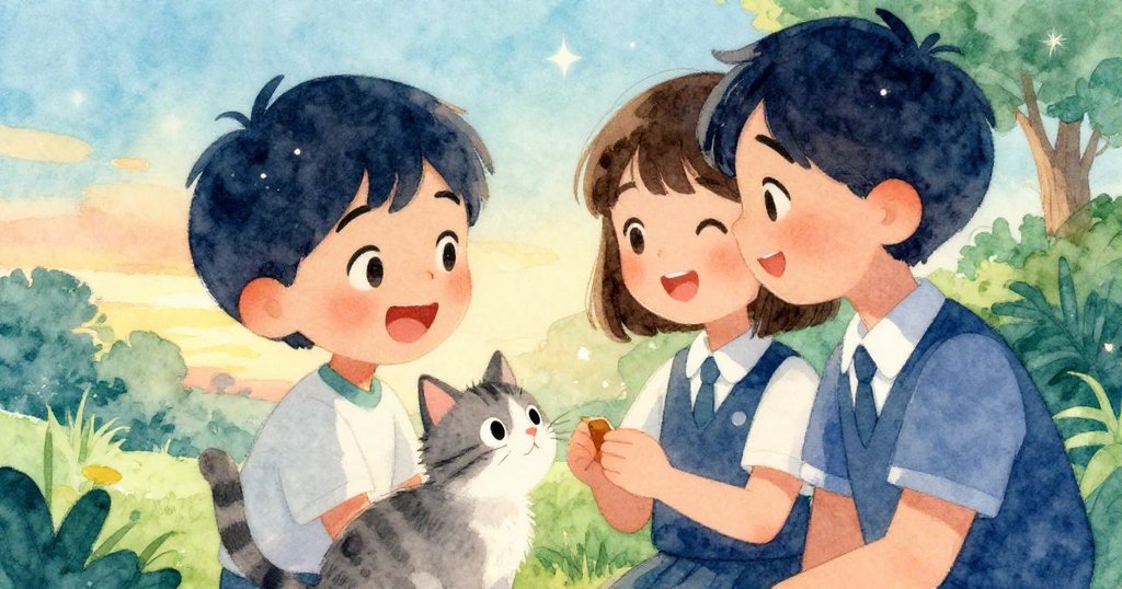 夕陽下，Sam與小貓及好友重聚共讀，笑容溫暖流露，魔法光芒與自然景致交織，營造平靜愉悅情景。