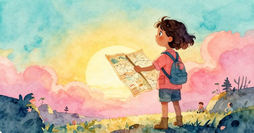 米婭在黎明時分持著古老地圖邁步前行,背影堅毅,日出光芒映照出充滿希望與冒險的氛圍