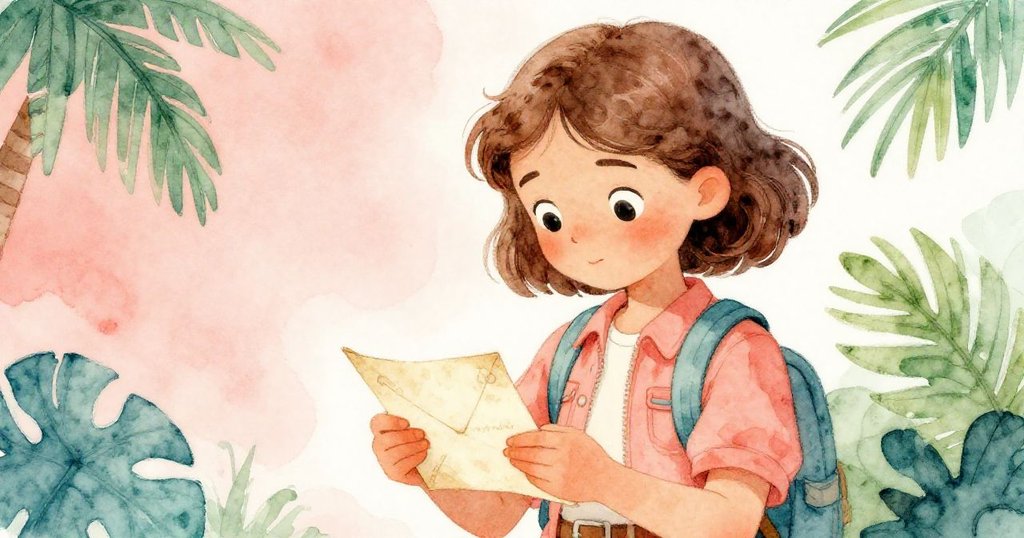 米婭坐在溫馨角落中,小心翼翼打開祖父留下的古舊信件,神情充滿好奇與期待