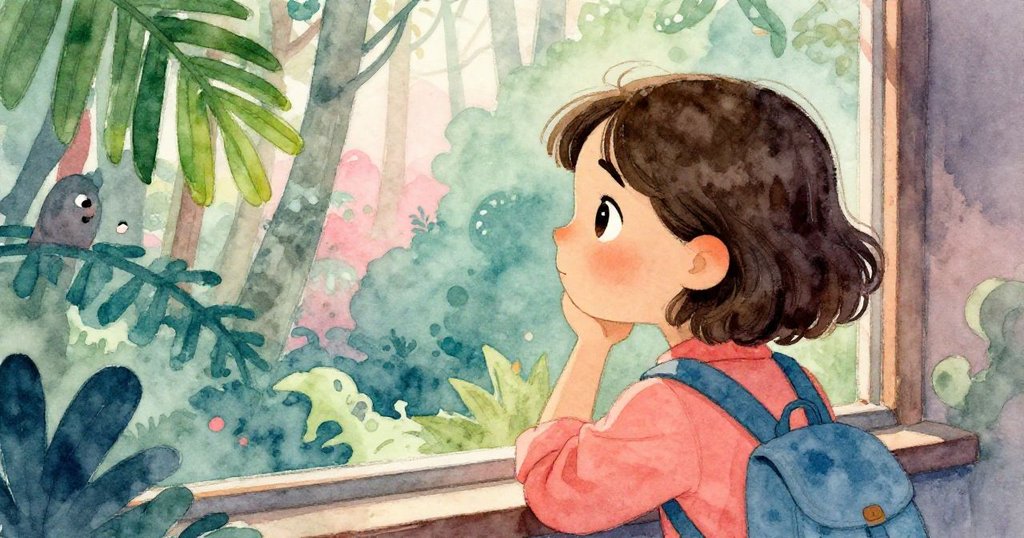 米婭透過窗戶凝視茂密森林,臉上流露出沉思與神秘情感,室內光線柔和蘊含期待