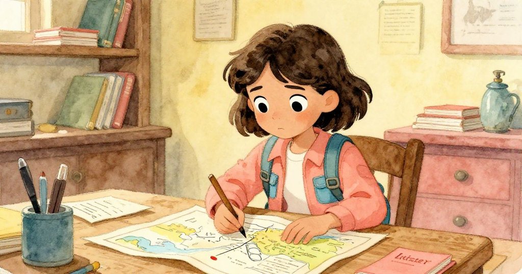 米婭在老舊書房中專心規劃冒險,桌上散佈古地圖和信件,環境溫暖懷舊,充滿探索精神