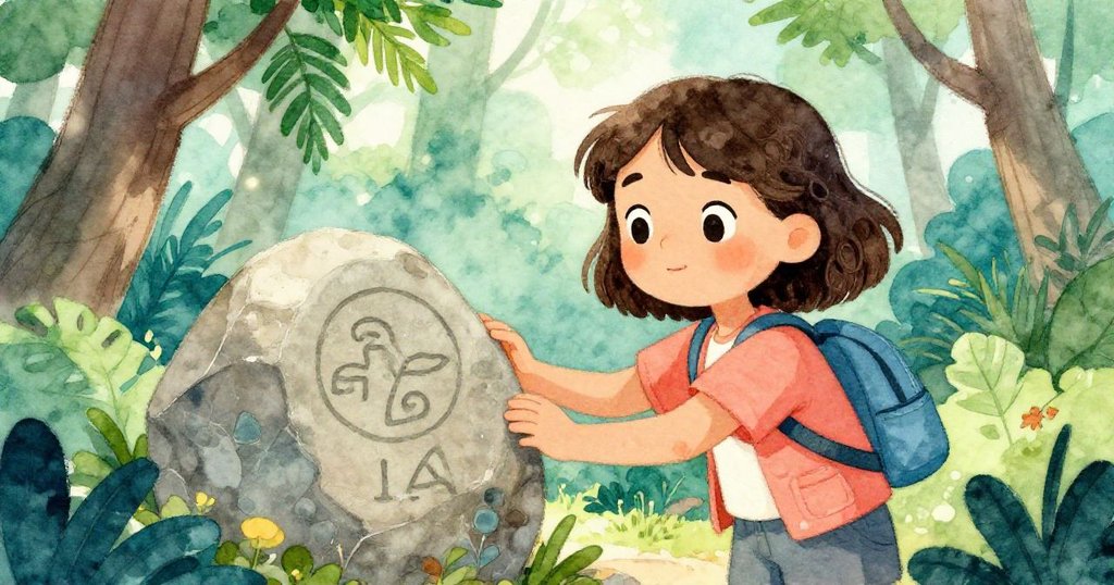 米婭在森林中發現刻有古老符號的石頭,驚喜觸摸石面,臉上流露出深深的驚奇和啟示