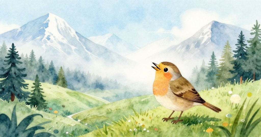 晨霧中，金翅雀迎著曦光飛翔於綠谷與山巒之間，展現輕快與期待的心情。