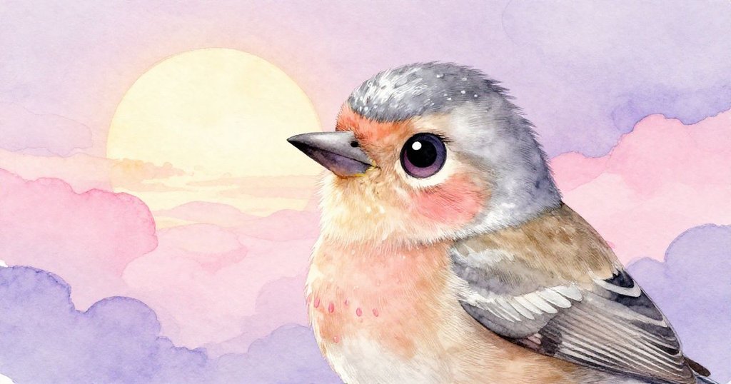 金翅雀近拍面孔在繽紛晨光映襯下露出驚喜與好奇之情，細膩表情傳達內心喜悅。