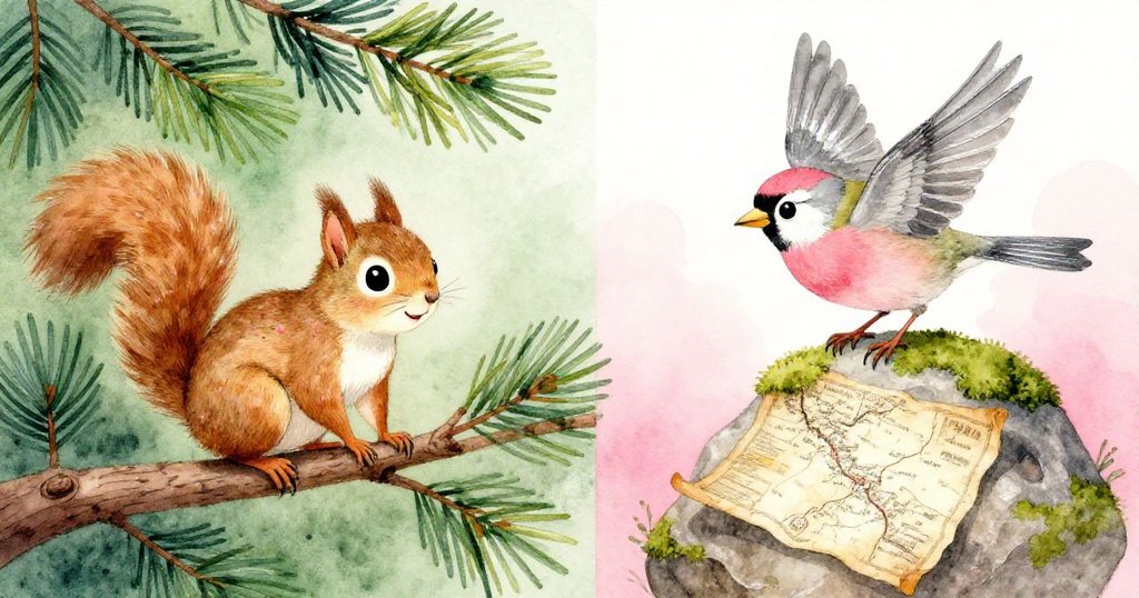樹枝上，小松鼠露出好奇神情，而金翅雀停在半空中，發現覆滿青苔的古老地圖，驚喜交集。