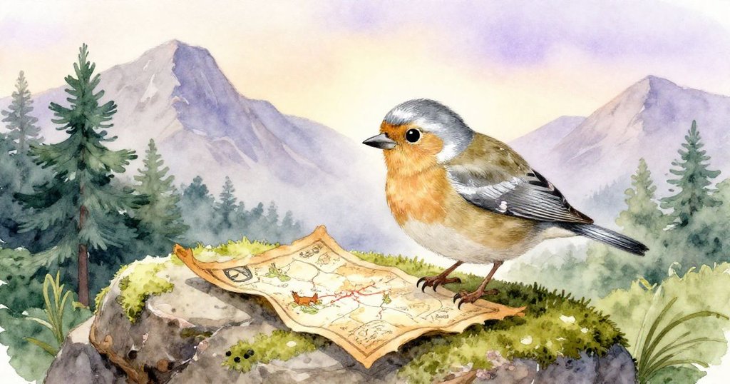 金翅雀仔細研究覆滿青苔的古老地圖，其細緻符號似指向山邊隱秘花園，光影流轉呈現時光推移。