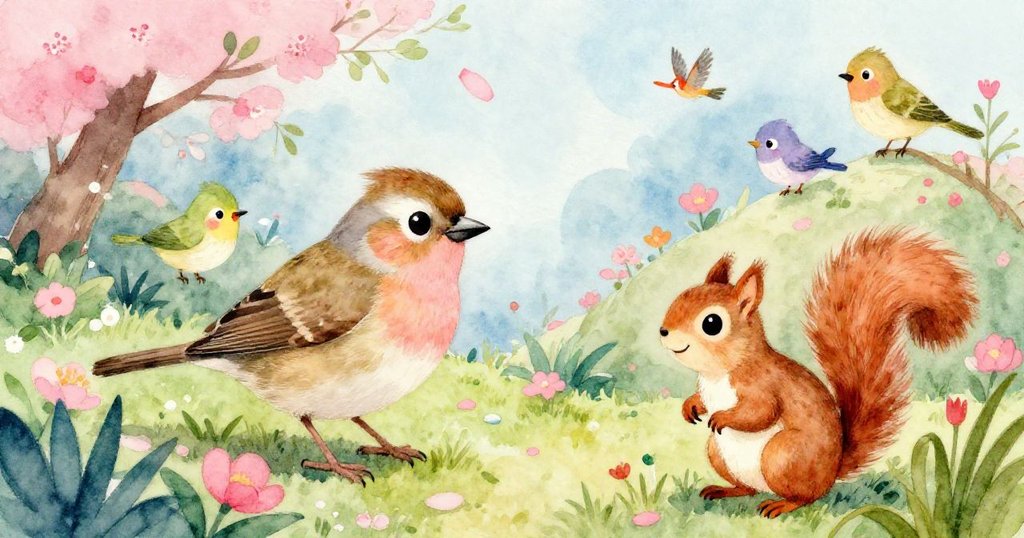 隱秘花園中，金翅雀、小松鼠及其他小鳥歡聚一堂，共同慶祝發現寶藏的驚喜，洋溢歡樂情懷。