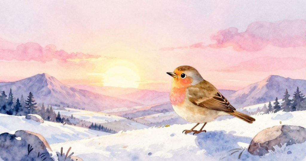 夕陽餘暉下，金翅雀隱約剪影飛回巢穴，山谷沐浴暖光，展現一天探險後的滿足與魔幻心情。