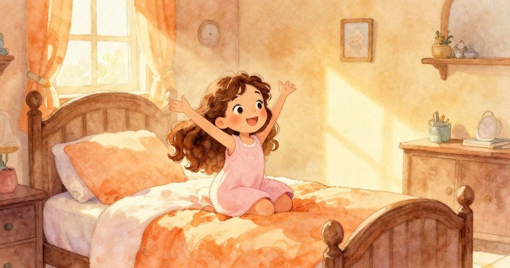 Lily在溫暖晨光中醒來，伸展身體，臉上滿是歡愉，房間充滿陽光和幸福氣氛。