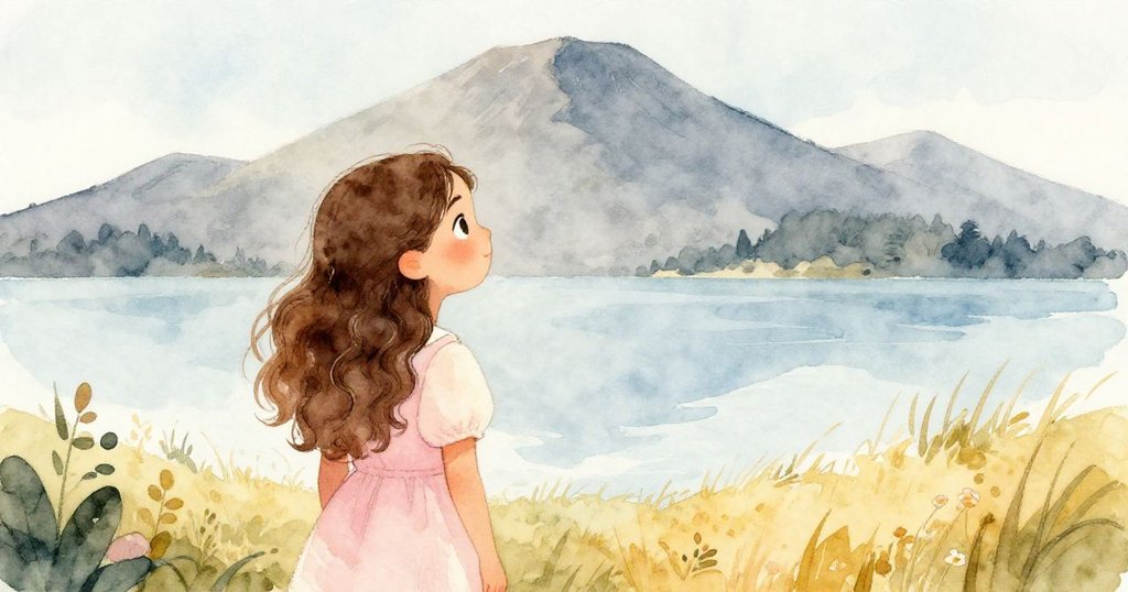 Lily凝視遠方高聳山脈，心中充滿幻想與希望，象徵未來旅程的神秘和美好。
