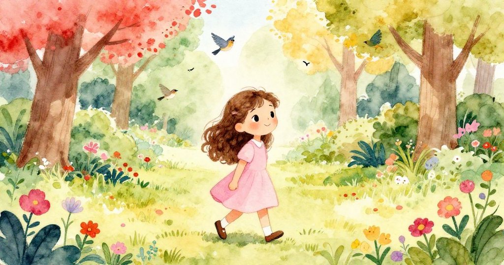 從Lily背後觀察，她漫步在公園中，樹上小鳥鳴唱，洋溢著愉悅和探險精神。