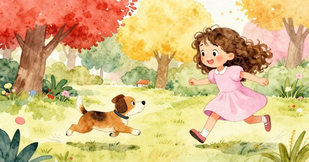 快樂的Lily與活潑小狗迎面奔跑，狗尾搖擺，驚喜之情洋溢整個畫面，充滿動感。