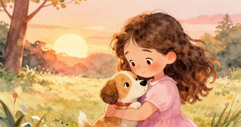 Lily溫柔擁抱小狗，分享真摯情感，夕陽餘暉中傳遞愛與和平，故事迎向圓滿結局。