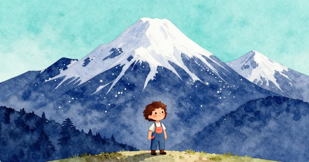 畫家站在山腳下凝望雄偉山峰，臉上流露出平靜與期待，背景藍天與晨光交織，展現大自然壯麗景致。