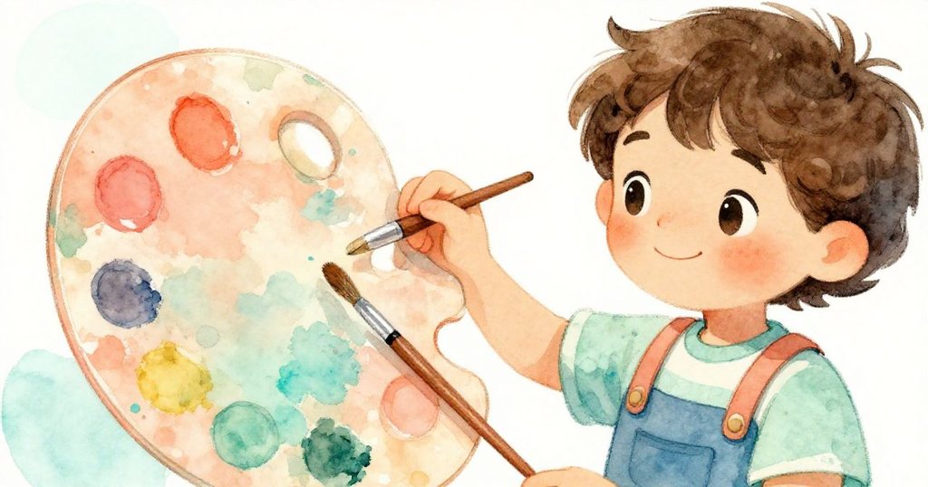 畫家專注地握住繽紛畫板，雙手細膩動作展現創作熱情，背景點綴海泡與珊瑚色彩，充滿藝術感。