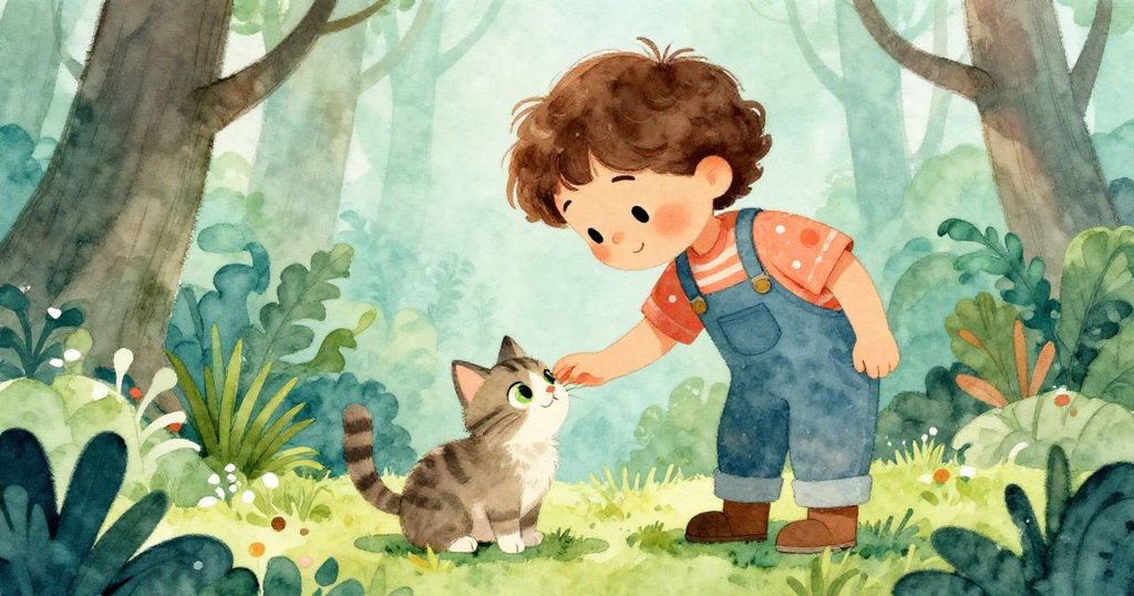 畫家與貓咪親密互動，畫家彎腰輕撫小貓，樹蔭下的背景佈滿綠意與藍光，充滿溫馨與好奇之情。