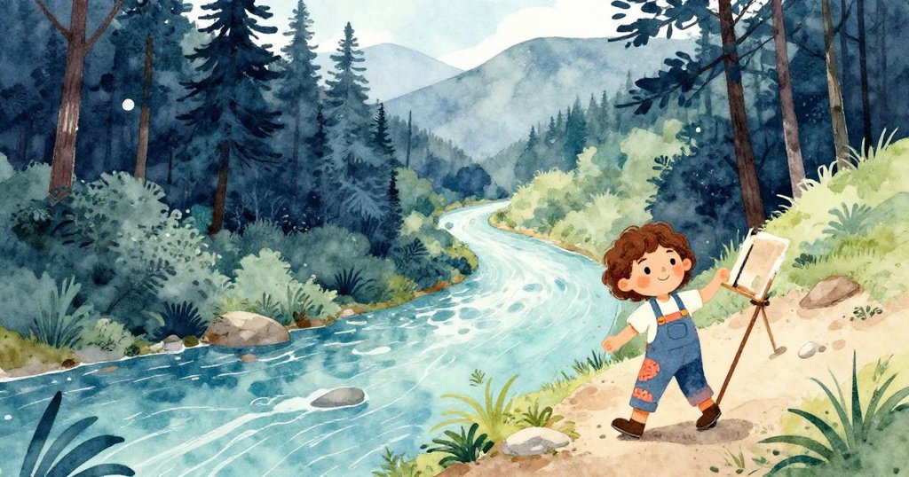 畫家沿著陡峭山徑前行，河流、森林交織成壯麗景致，臉上充滿勇敢與自由，陽光灑落大地，景色生動。