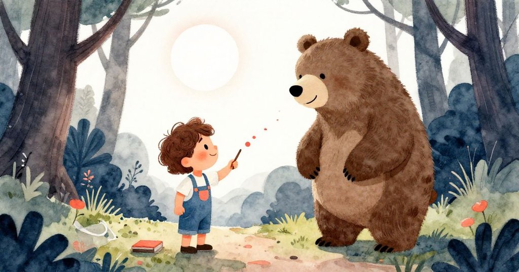 畫家站在隱秘小徑上驚喜遇見溫柔歌唱的大熊，明亮太陽映照森林，兩人互動充滿歡樂與驚奇。