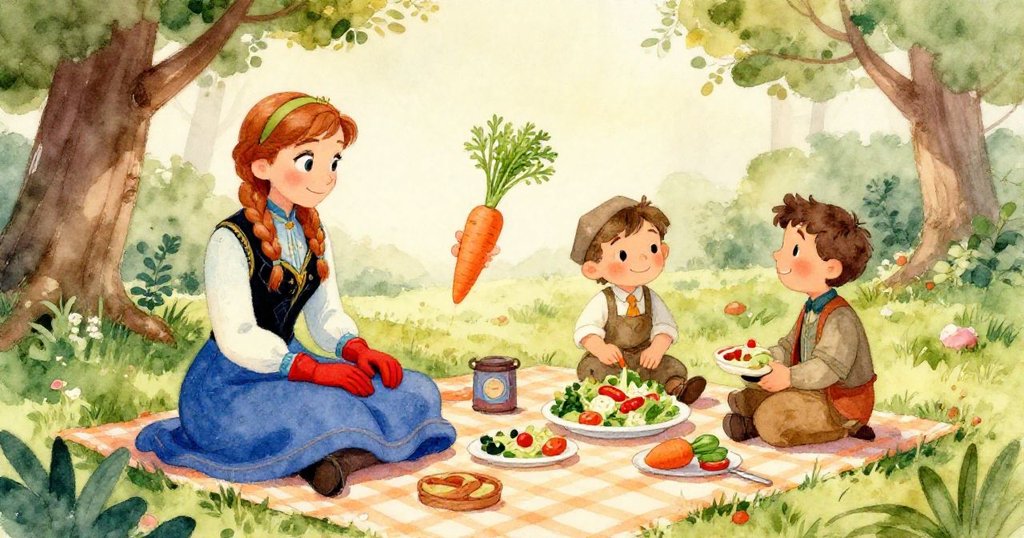 安娜的紅色手套和蔬菜拼盤特寫放在野餐布上，細膩質感與明亮色彩展現出溫馨野餐細節。