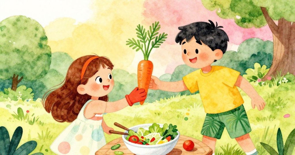 湯姆帶著鮮綠胡蘿蔔幫助安娜準備沙拉，採用傾斜視角展現兩人快樂互動與野餐準備的活力。