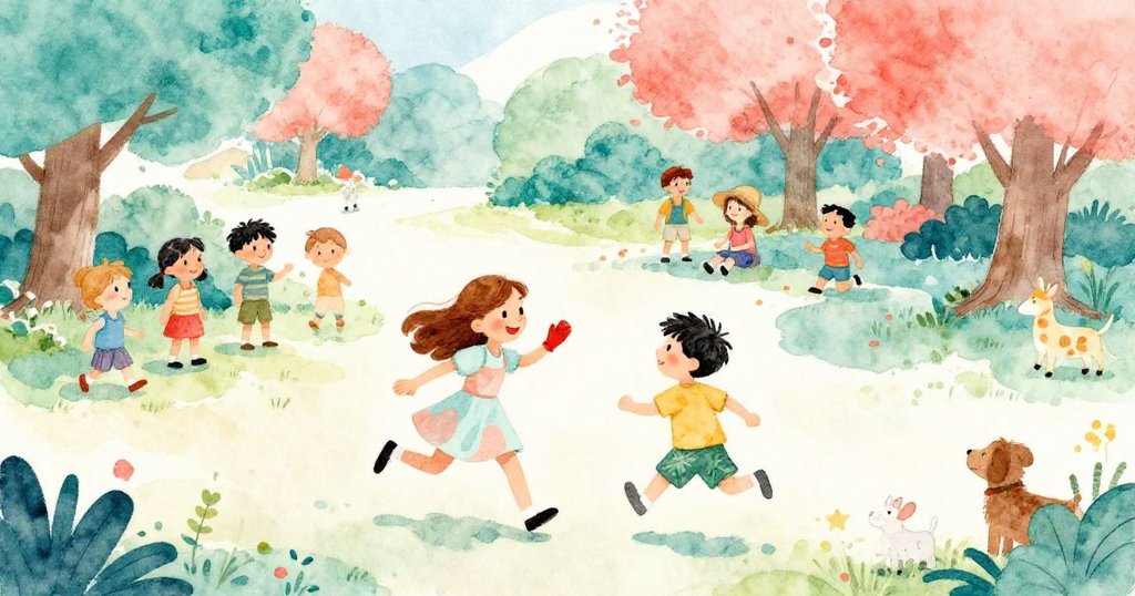 孩子們在公園裡快樂奔跑，安娜與湯姆與朋友共享野餐，動物好奇觀望，整體氣氛明亮熱鬧。