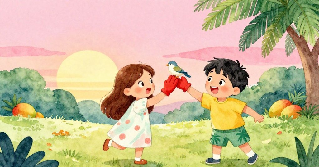 一隻調皮的小鳥搶走安娜的紅色手套，安娜與湯姆驚喜大笑，現場洋溢著溫馨快樂的野餐氛圍。