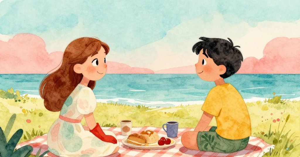 安娜與湯姆在午後的野餐中展現溫暖笑容，凝視前方開放的道路，象徵著冒險與美好未來。