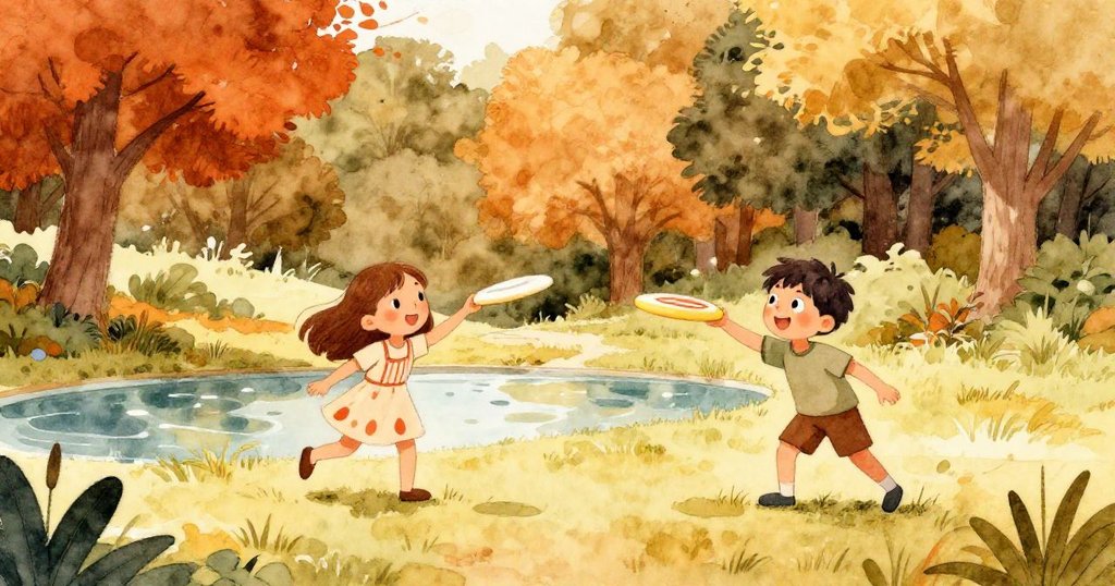 莉莉和山姆在陽光燦爛的公園裡奔跑嬉戲，背景有閃光池塘和樹木，兩人臉上充滿快樂和期待的神情。