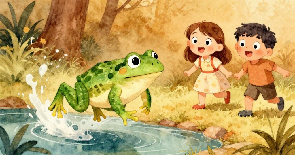 綠青蛙從池塘中跳躍而出，莉莉和山姆驚訝地望著它，畫面以傾斜視角呈現出活潑的動作與驚奇表情。
