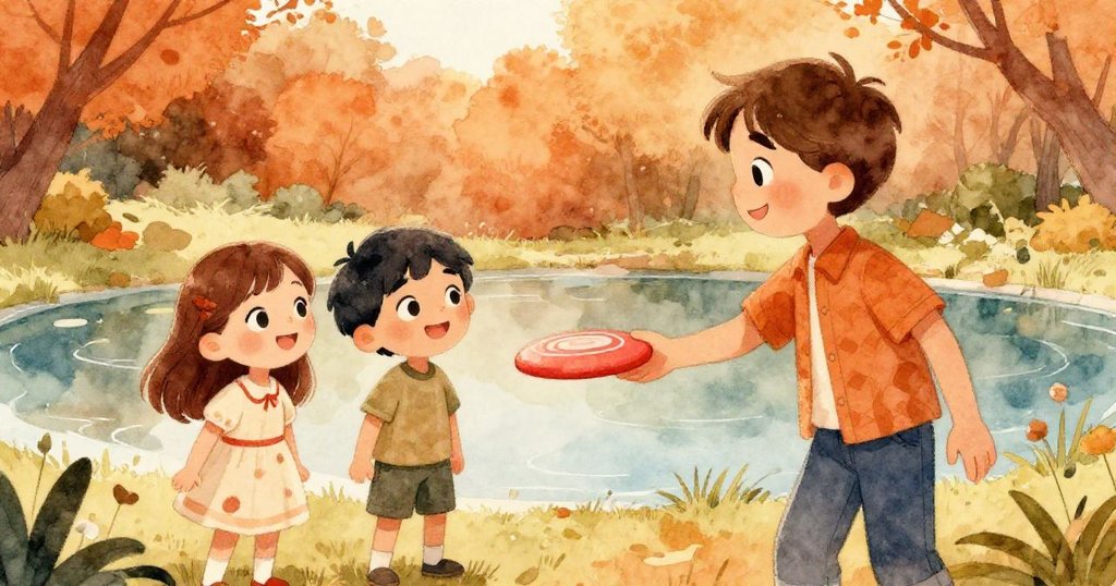 一位面帶微笑的男孩靠近池塘，手持額外飛盤邀請莉莉和山姆加入遊戲，背景呈現溫暖秋意與柔和金色光芒。