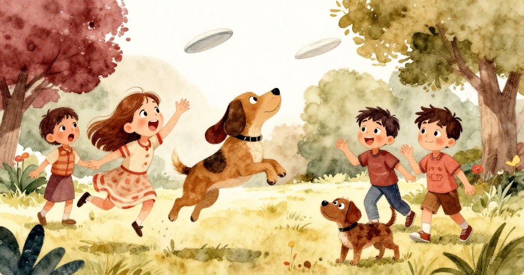 一隻活潑小狗奔向空中接住飛盤，莉莉、山姆與男孩驚喜凝視此刻，畫面充滿緊張與歡樂的氛圍。