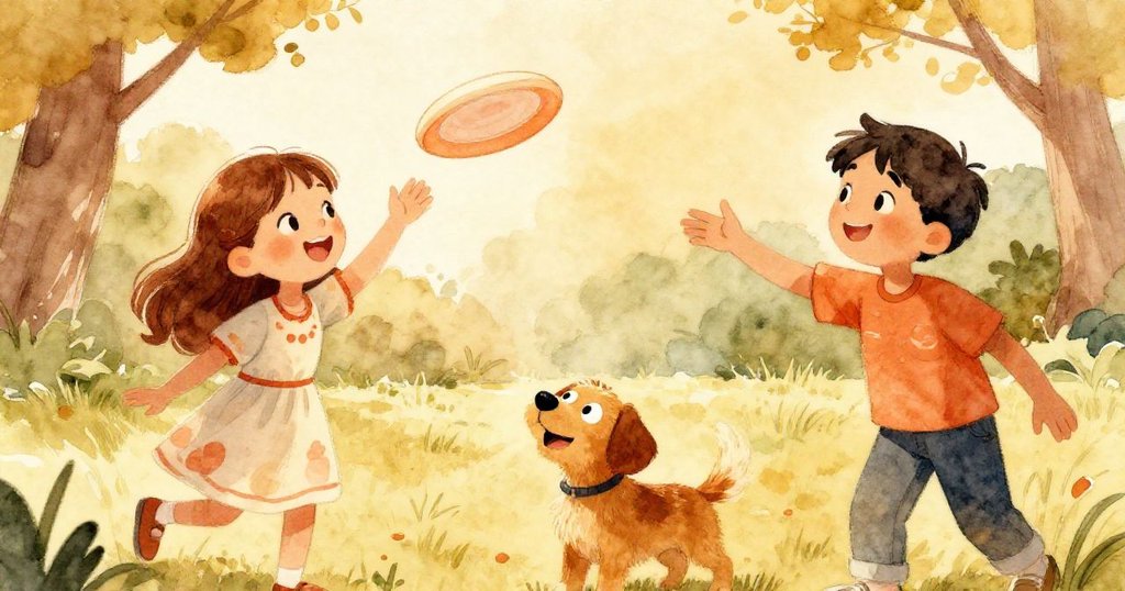 莉莉、山姆與男孩在溫暖陽光下圍著小狗分享飛盤，彼此交換笑容，展現出深厚友誼與歡樂的結局。