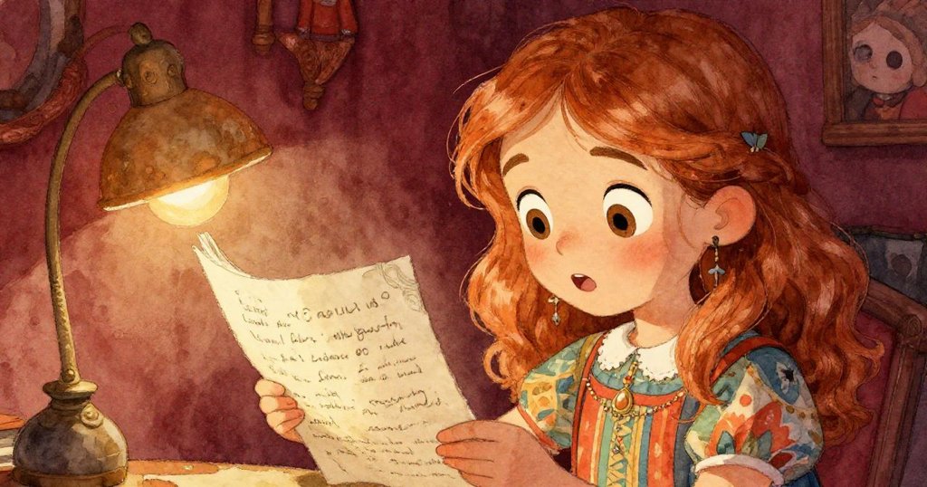 莉迪亞專注地閱讀充滿神秘韻味的信件,面部流露驚奇與溫暖情感,燈光柔和映出精緻筆觸。