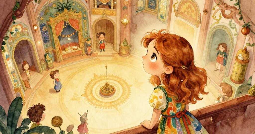 莉迪亞從高處俯瞰華麗大廳,充滿充滿藝術裝飾與溫暖色彩,心中流露出期待與懷舊情懷。