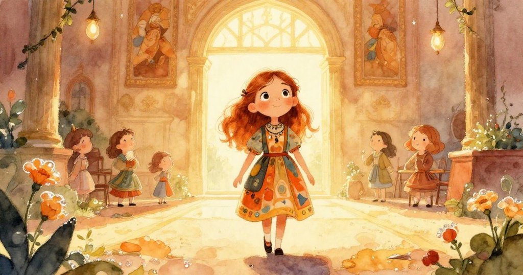 清晨陽光映照下,莉迪亞輕觸露珠花朵,走向裝飾華麗的大廳,傳遞希望與溫馨連結。