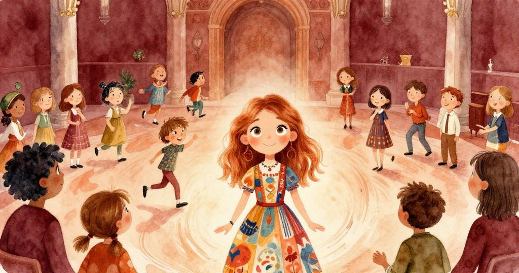 大廳內人群熱烈交流,莉迪亞活躍地參與對話與笑聲中,動態軌跡突顯藝術與歡聚氛圍。