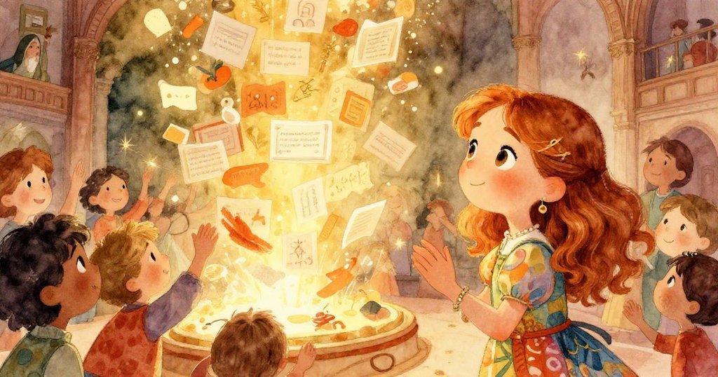 慶典高潮中,莉迪亞站在發光書信與藝術裝置前,臉上滿是驕傲與滿足,背景群眾熱烈鼓掌傳達創作旅程的美好。