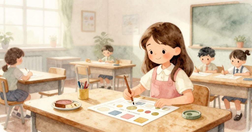 安娜在晨霧中學校教室裡快樂玩教育遊戲，柔和光線透過窗戶灑落，背景隱約見樹影，展現學習美好開始。