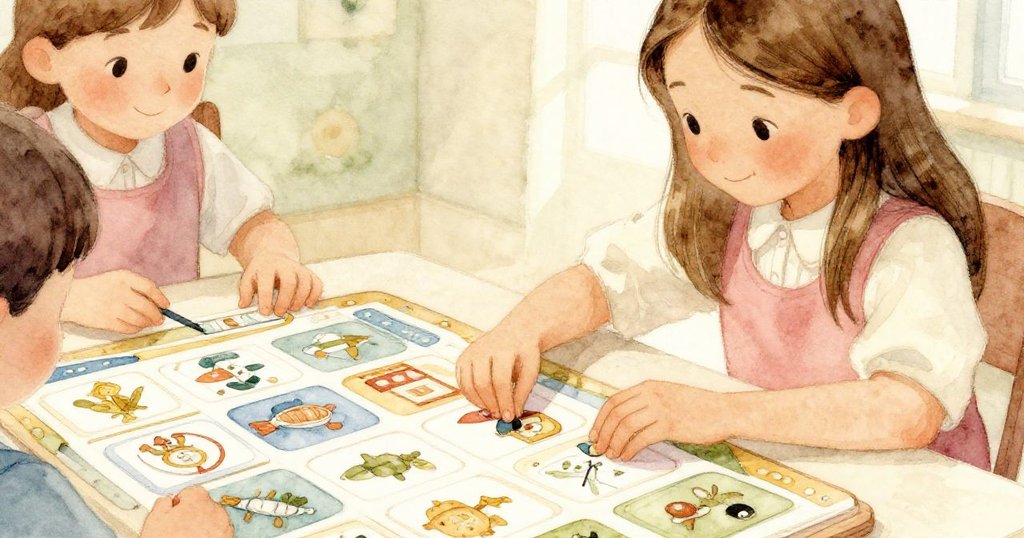 安娜專注地用手擺弄教育遊戲拼圖，細節豐富且充滿好奇，溫暖光線映襯她認真學習的模樣。