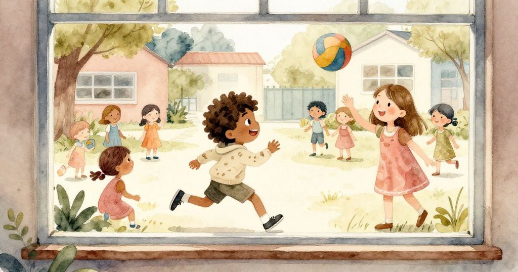 從明亮教室窗戶望出，薩姆拿著球快樂奔跑，麗莎熱情邀請同學遊玩，校園操場活力四射。