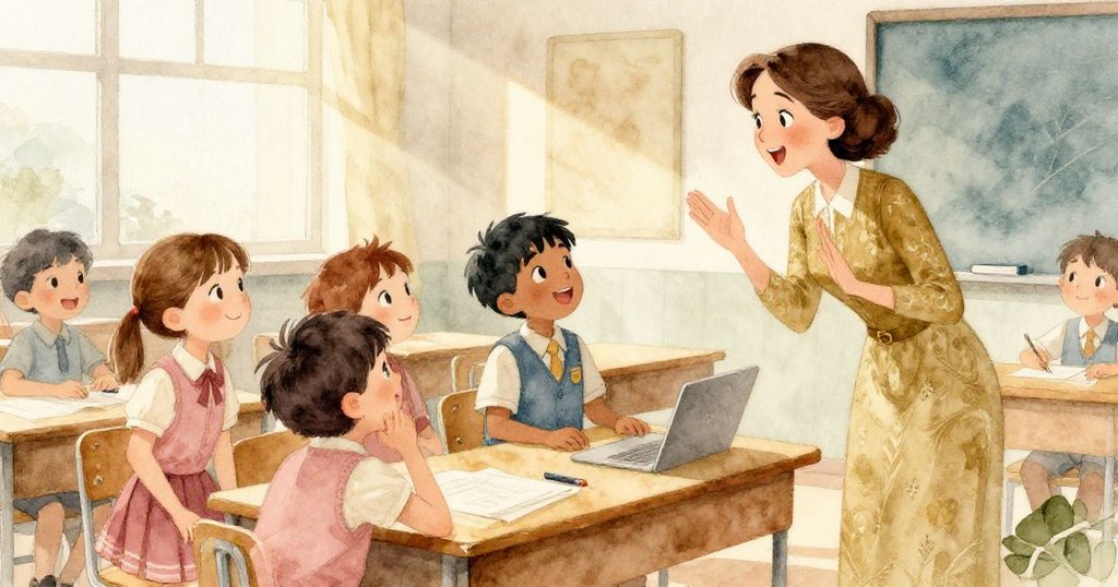 教室內陽光穿透照入，遊戲突變引發安娜、湯姆和教師等孩子驚喜互動，光影變幻中充滿歡樂氣氛。