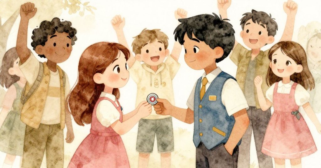 湯姆將象徵性獎牌溫情贈予安娜，安娜滿臉喜悅伸手接收，薩姆與麗莎在旁歡呼分享快樂時光。