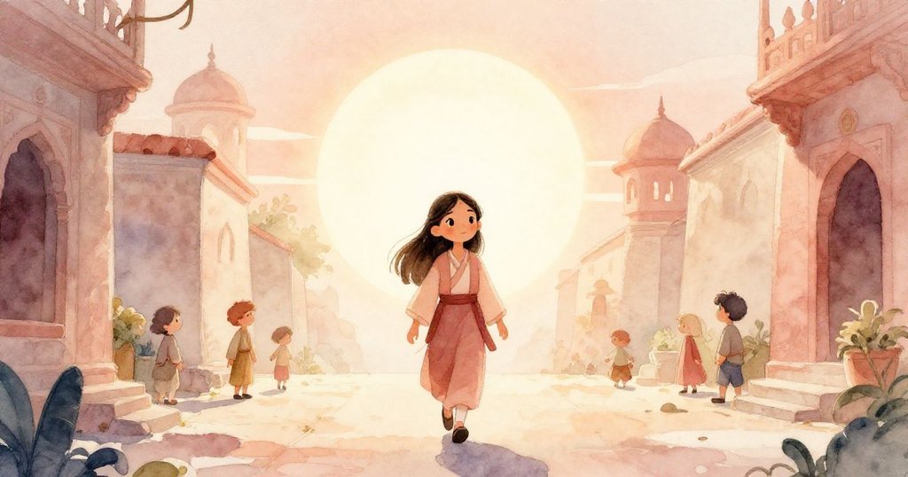 清晨薄霧中，Maya步出村莊，背景圓頂透出柔和光芒，神情堅定充滿期盼迎接新的一天。