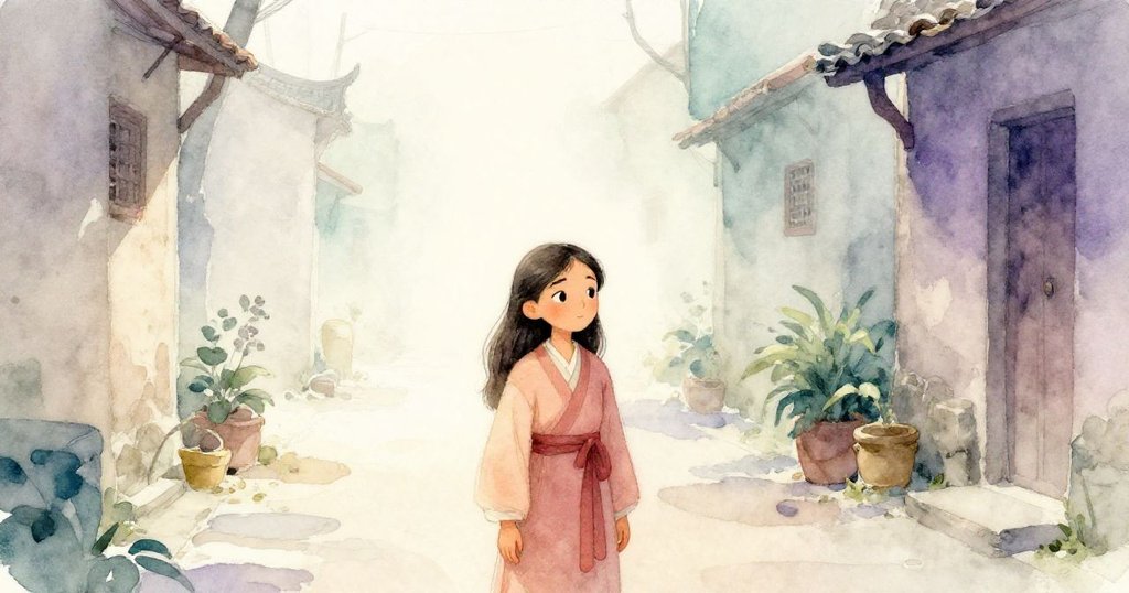 Maya獨自穿行古巷，靜謐空間中石牆和紫藤交織，神情專注彷彿聽見往昔秘密。