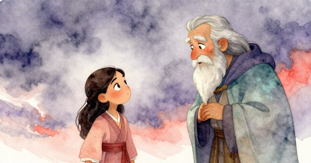 在低角度視野下，Maya與神秘旅人深情對話，面容表露堅毅與智慧，背景烏雲初聚映襯感人時刻。