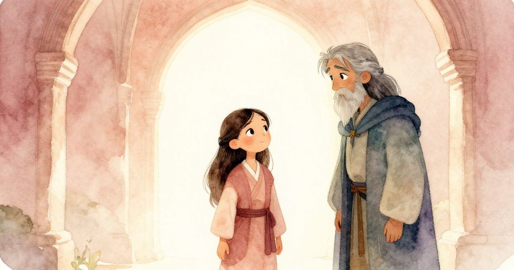 Maya與旅人在古老拱門前交流心得，溫柔光線下象徵跨越時空界限邁向新知之路。