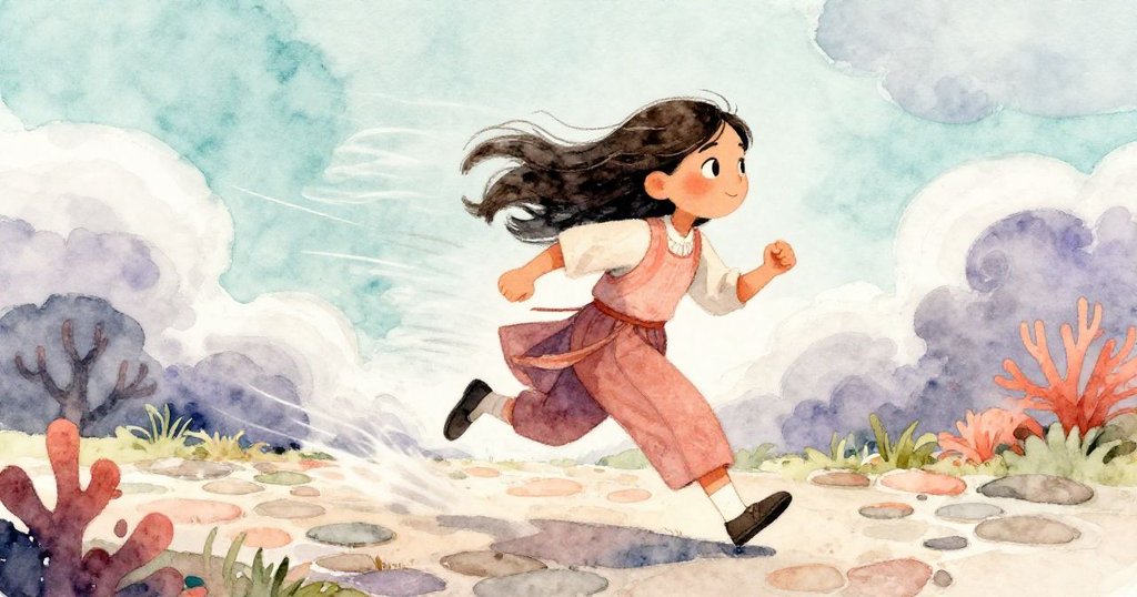 Maya急行於鵝卵石小徑上，隨風散落楊花與落葉，神情堅決追尋命運與自我蛻變。