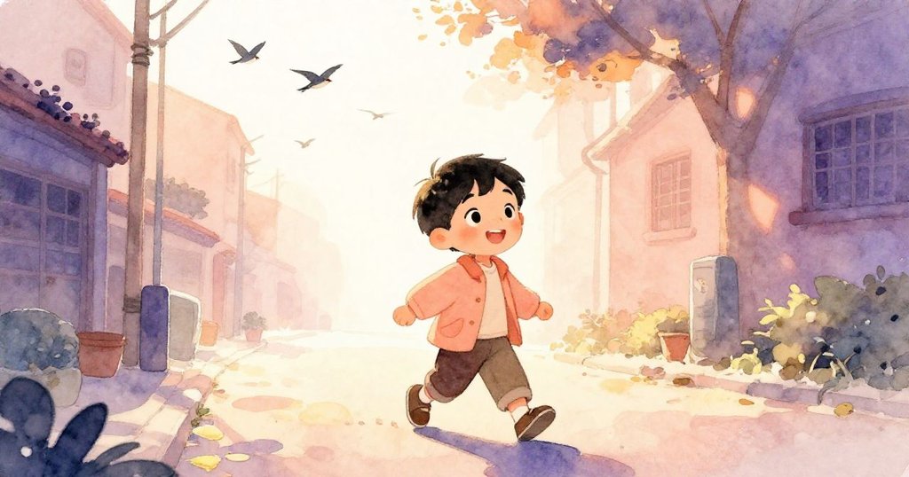小明在晨曦中快步行走，享受輕柔微風與晨光，背景有飛舞的小鳥和溫暖街道，滿懷期待展開新一天。